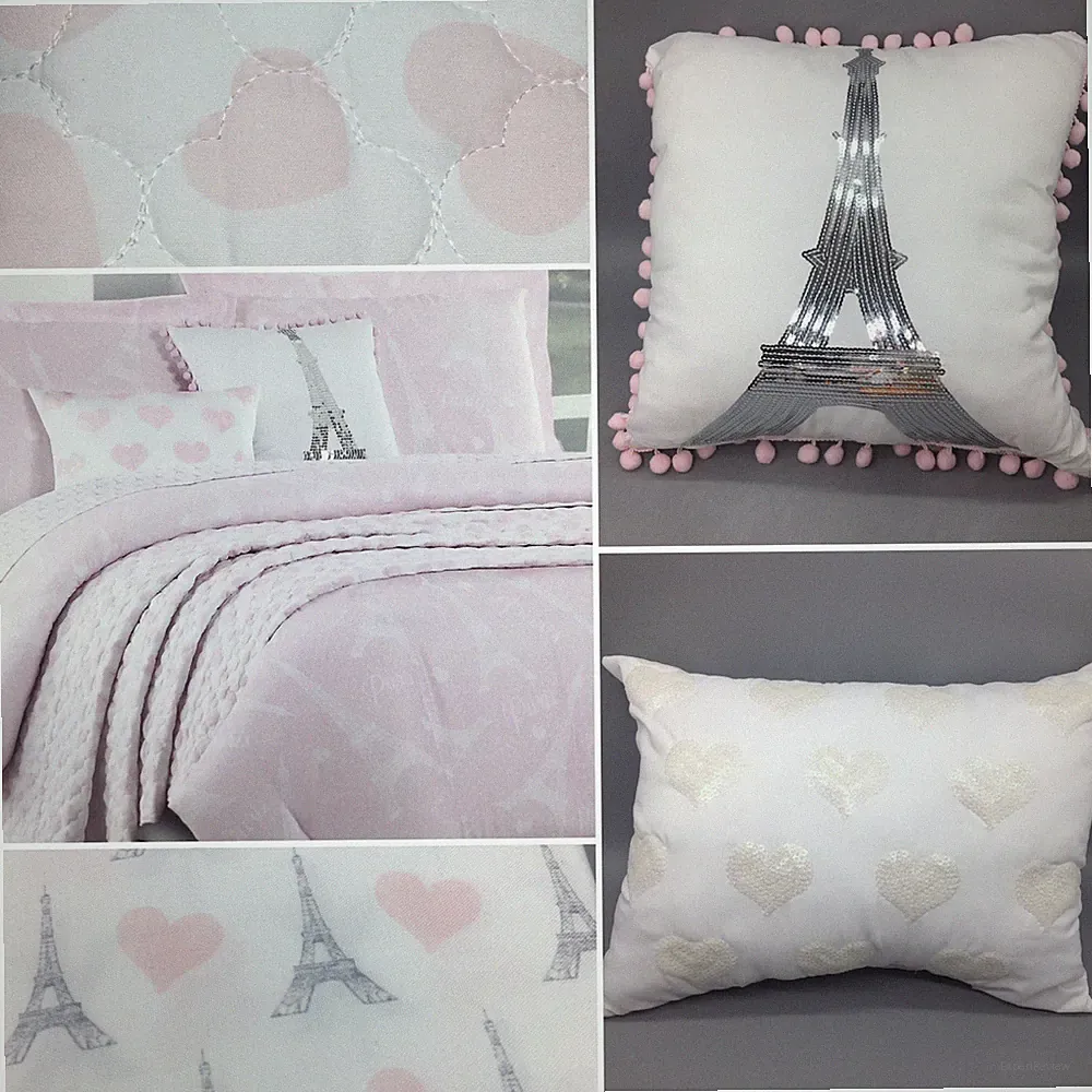 10pc Envogue Paris FULL Comforter Sheet Pillow Set Eiffel Tower Heart Sequins