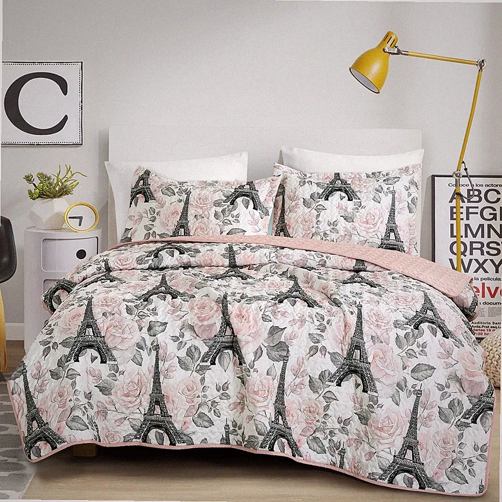 2/3 PCS Kids Bedspread Set Eiffel Tower & Floral Paris Design