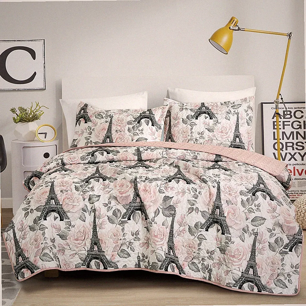 2/3 PCS Kids Bedspread Set Eiffel Tower & Floral Paris Design, Reversible Quilt