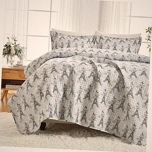 2 Pieces Size Quilt Sets with Pink Floral on Gray Design Twin Eiffel Tower