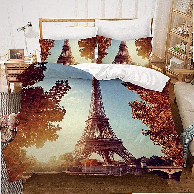 3D Eiffel Tower Leaves Landscape Quilt Cover Set Bedding Sets Pillowcases