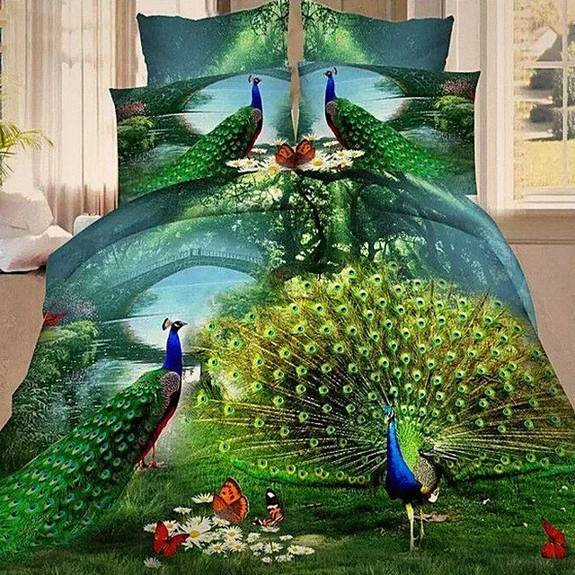 3D Peacock Eiffel Tower Swan Queen King Size Bed Quilt/Duvet Sheet Cover 4PC Set