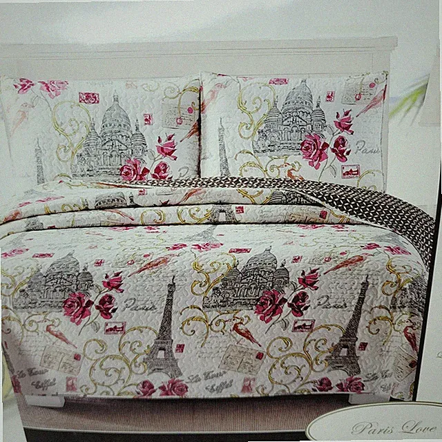 3pc PARIS LOVE King QUILT & SHAM SET Romantic Eiffel Tower Tour Postcard Flower