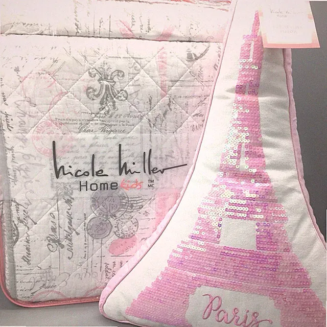 4pc Nicole Miller Paris FULL QUEEN Quilt Set Eiffel Tower Sequin PILLOW Pink NEW