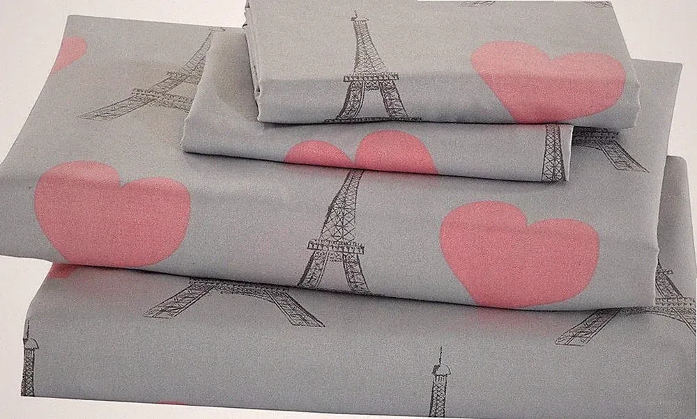 4pc Queen Size Sheet Set for Girls Paris Bedding Eiffel Tower Pink Grey New