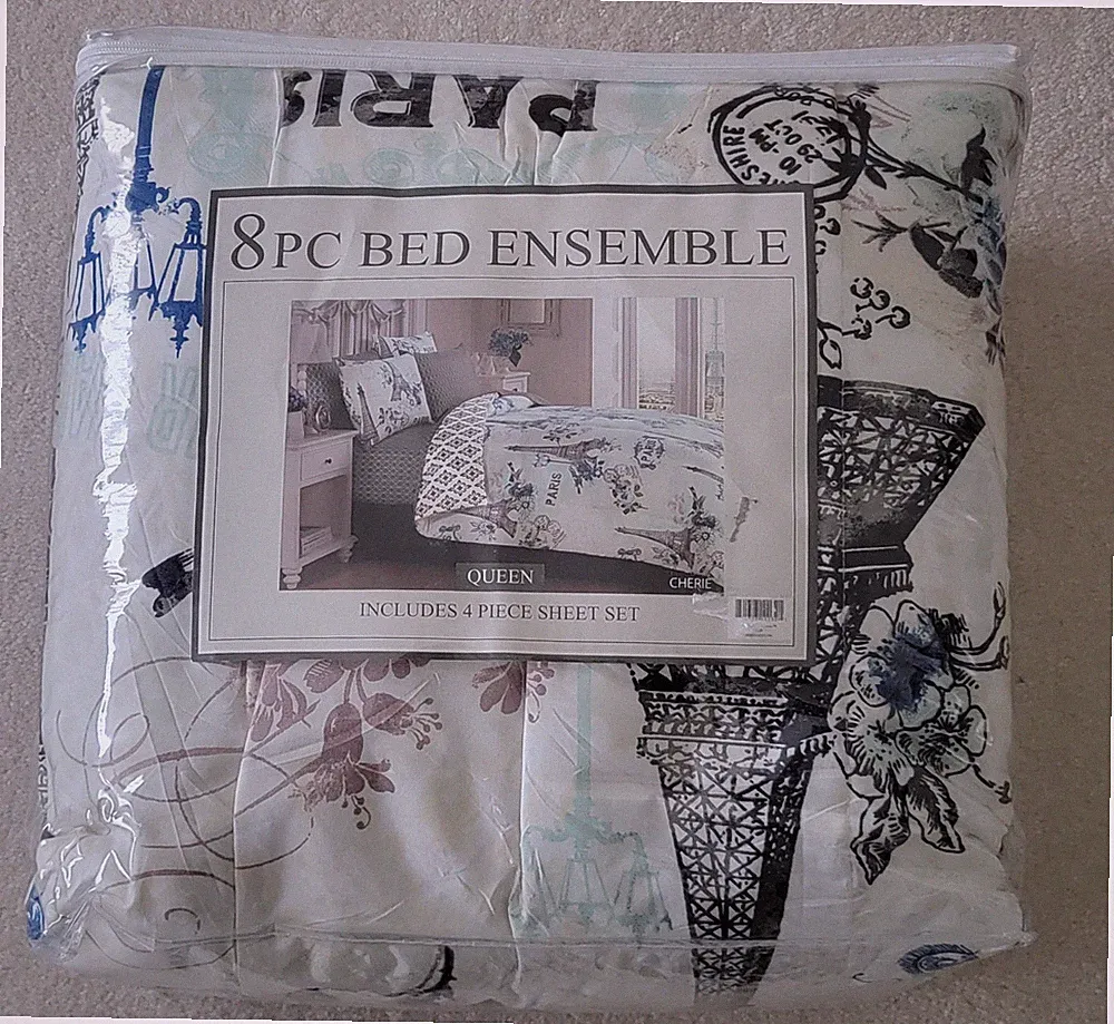 8-Piece Queen Comforter Set - Paris France Eiffel Tower Bedding Reversible