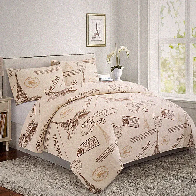 Bamboo Printed Bedding Duvet Cover Set with Zipper Corner Tie Eiffel Tower Ivory