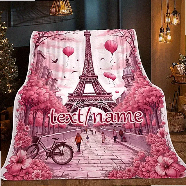 Custom Name Eiffel Tower view Blanket- Lightweight Throw for Sofa, Outdoor, C