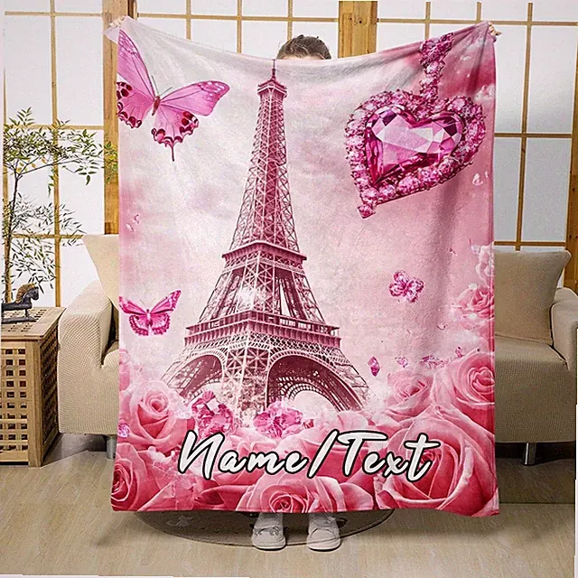 Custom Name Pink Eiffel Tower Blanket, Lightweight Flannel Throw, Soft and War