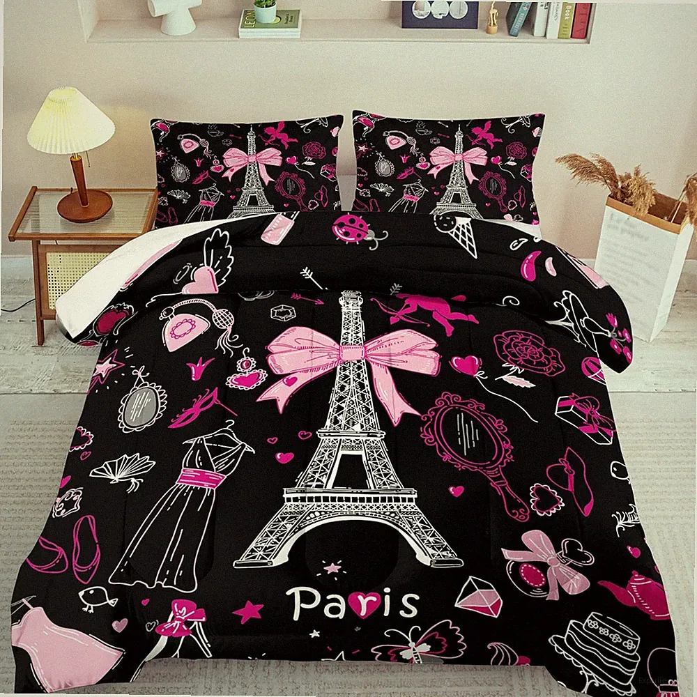 Eiffel Tower Comforter Set Queen Size,Eiffel Tower Bedding Set for Girls, Pink