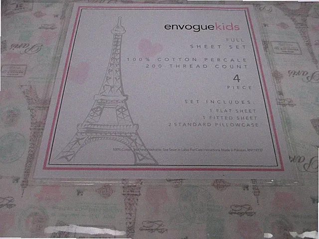 Envogue Kids Cotton White Pink Green Paris Eiffel Tower Postal Sheet Set - Full