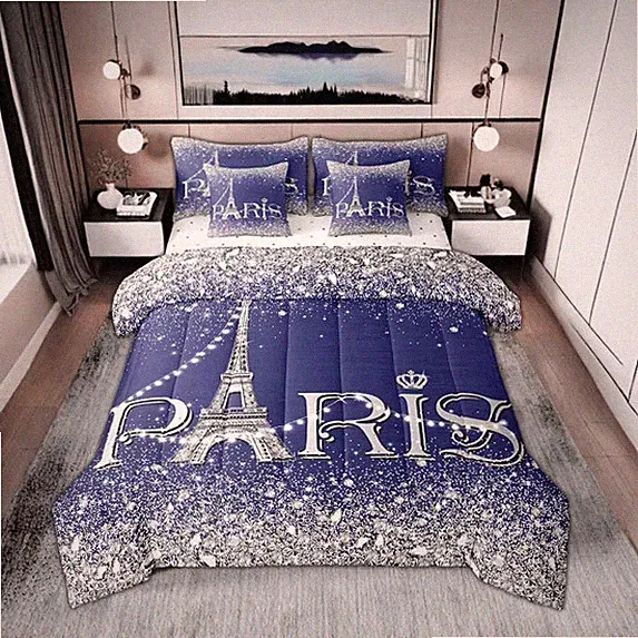 Erosebridal Paris Comforter Sets KING Eiffel Tower Bed in a Bag with Sheets BLUE