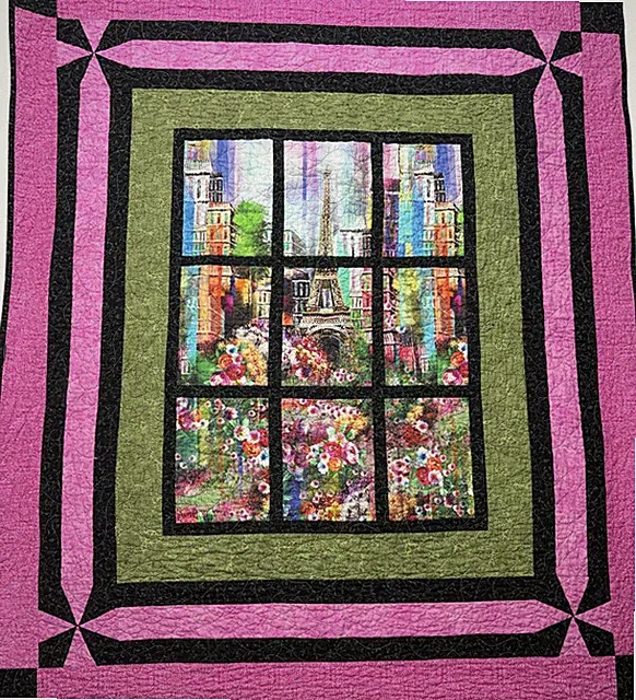 Handmade Attic Window Quilt Wall Hanging Paris Eiffel Tower Floral Throw Rod