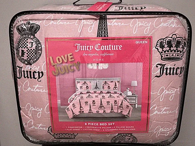 Juicy Couture 8 Piece QUEEN Bed Set Pink/Blk Eiffel Tower Comforter pillow + NWT