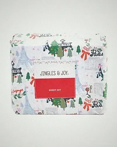 KING SHEET SET Holiday Christmas in Paris sheets bon voyage eiffel tower NEW