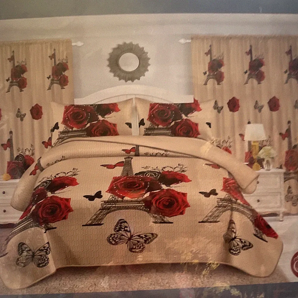 King Size 100% Cotton Quilt Set Eiffel Tower Rose Butterfly Paris Theme QS125