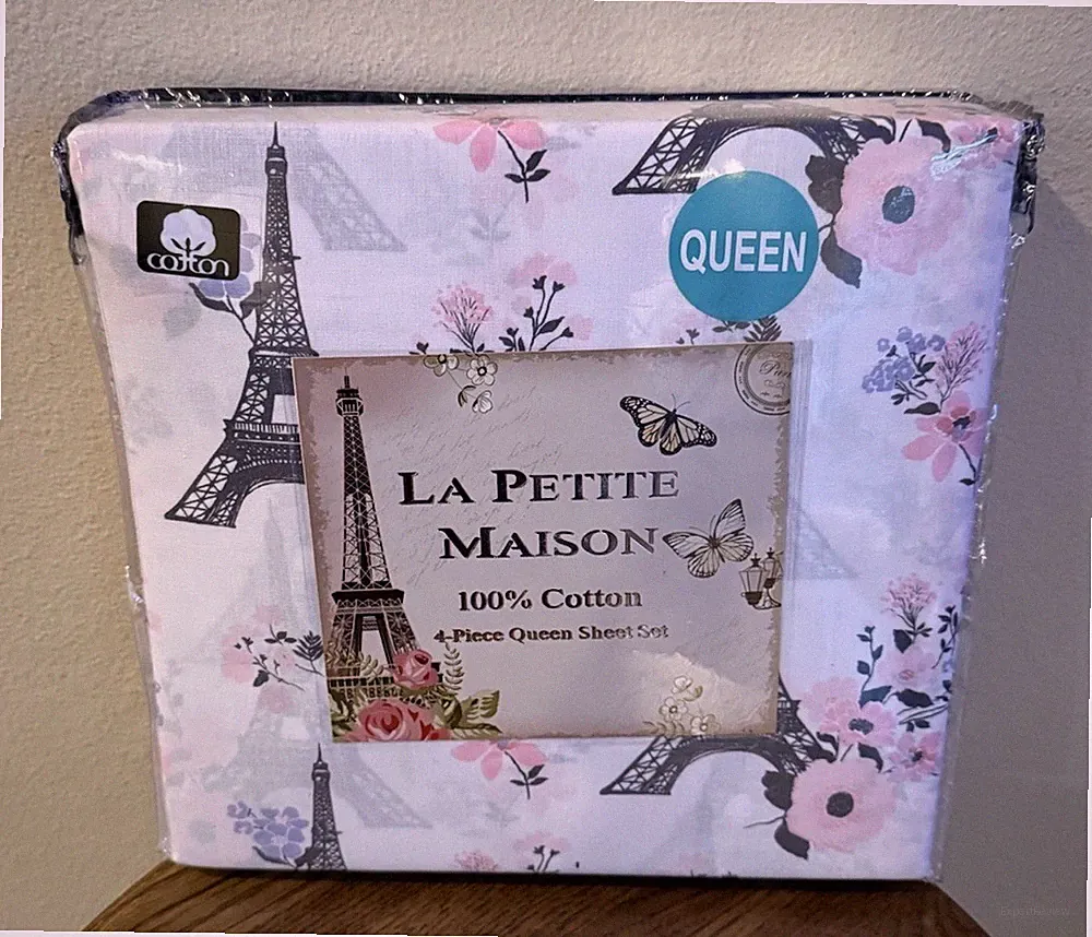 La Petite Maison Queen Sheet Set Paris France Eiffel Tower Pink Floral NEW