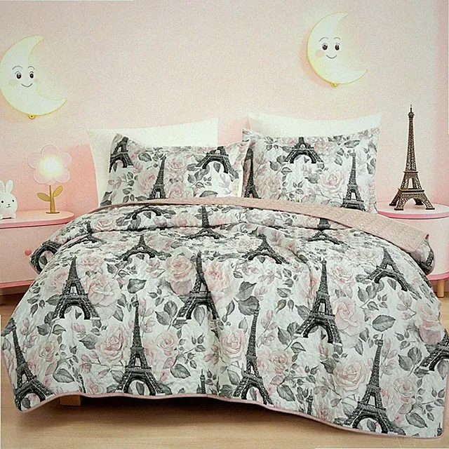 MarCielo 2 Pcs Kids Quilt Set Lightweight Bedspread with Pillow Shams, Paris...