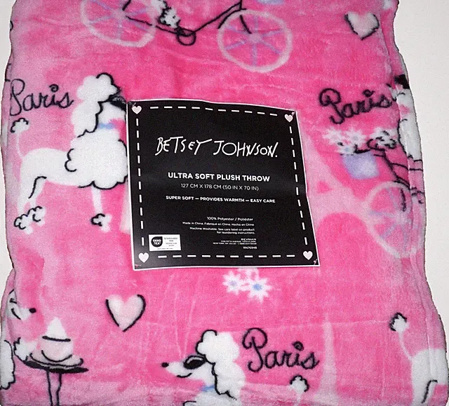 NEW Betsey Johnson 50"x70" Soft Throw Blanket Poodle Flowers Paris Eiffel Tower