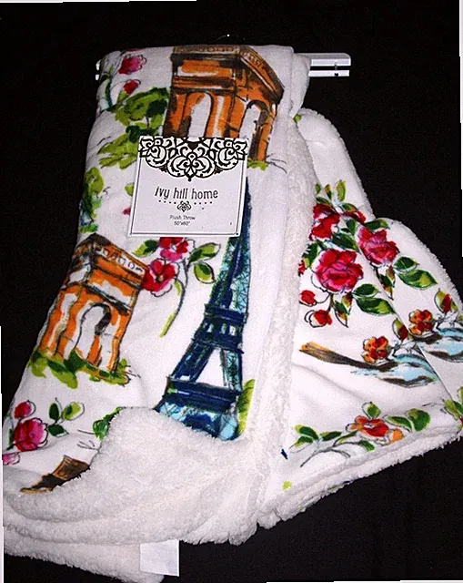 Paris Attractions Colorful Eiffel Tower Birds 50 x 60 Plush Sherpa Throw NWT