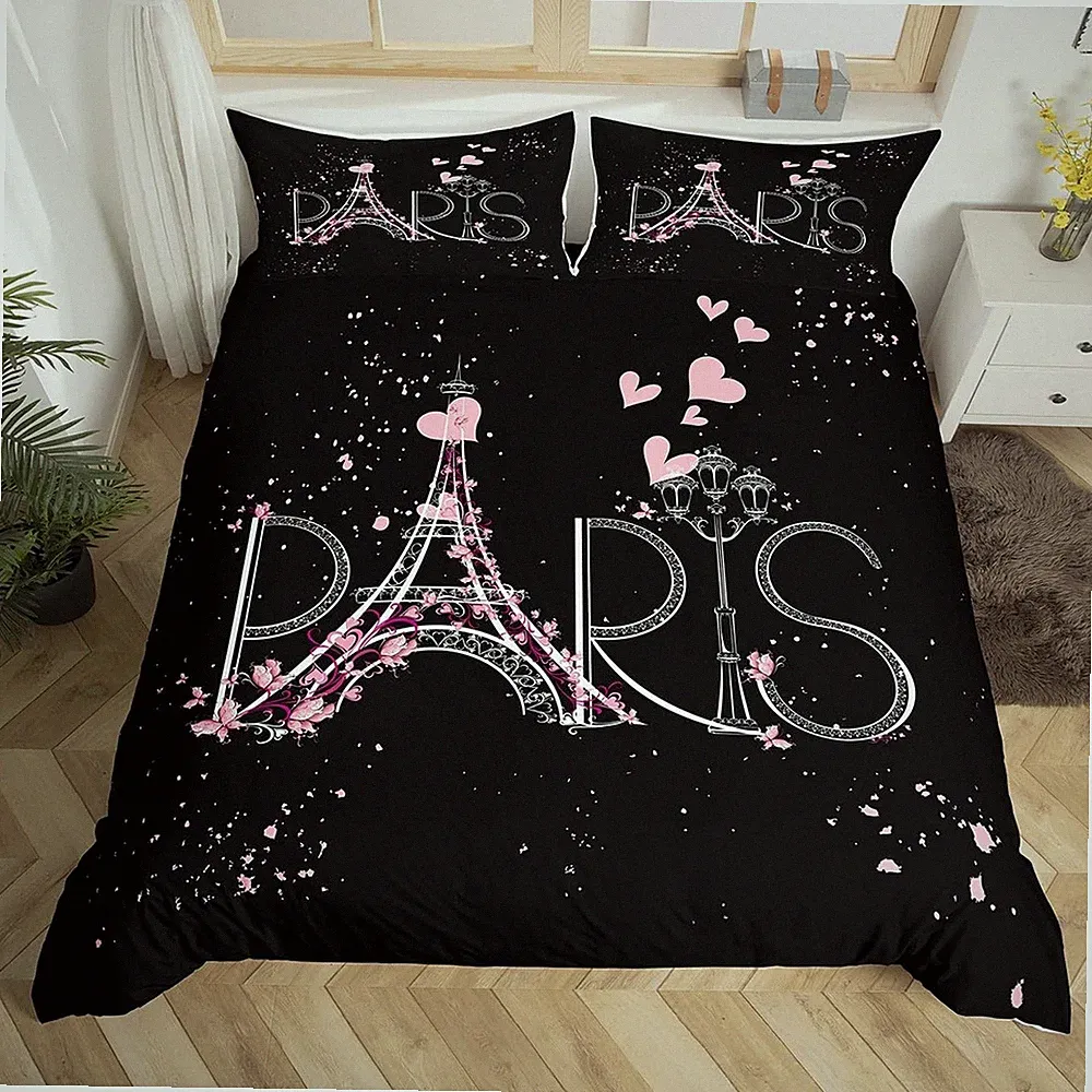 Paris Comforter Cover Set King Size Eiffel Tower Bedding Set Kids Girls Black...