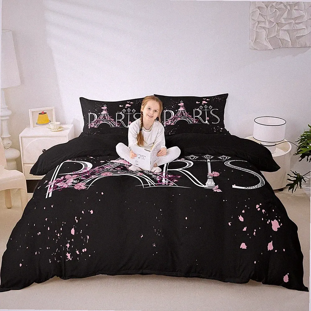 Paris Comforter Cover Set Twin Size Eiffel Tower Bedding Set Kids Girls Black an
