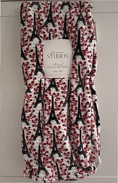 PARIS Eiffel Tower 60x70” Throw Blanket Black White Red Floral France French NEW