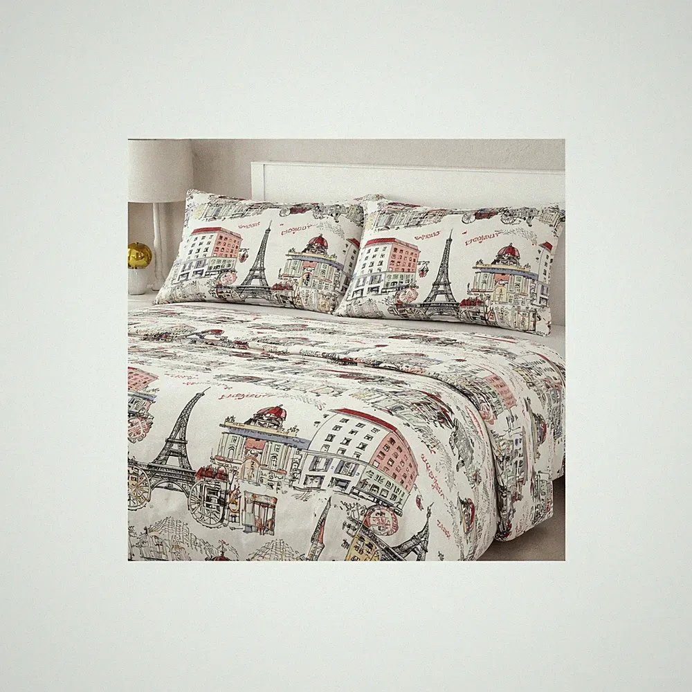 Paris Eiffel Tower Bed Sheet Set 4 Piece Full Queen King French Print Bedding