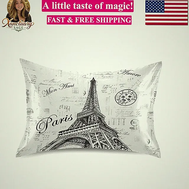 Paris Eiffel Tower Satin Pillowcase for Hair and Skin Cool Soft Silk Pillow C...