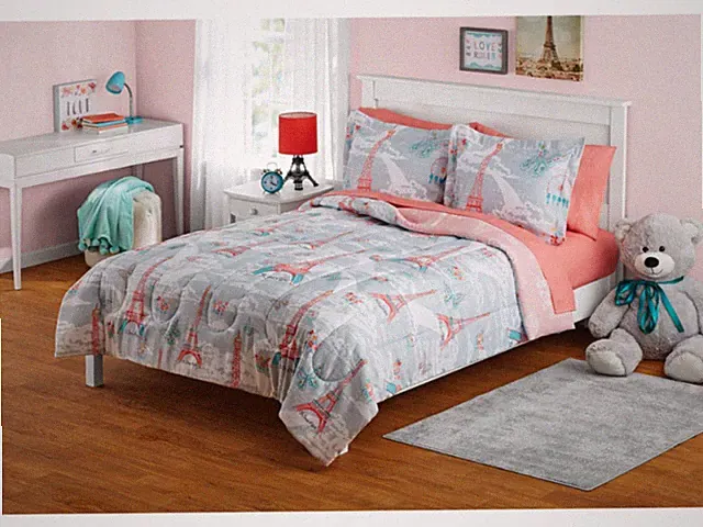 Paris France Eiffel Tower 7-PC FULL Bedding Comforter SET Sheets Pink Multicolor