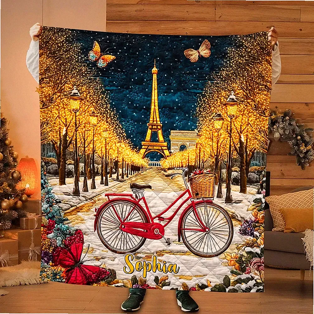 Personalized Eiffel Tower Paris Quilt Blanket Custom Name Romantic Cityscape Gif