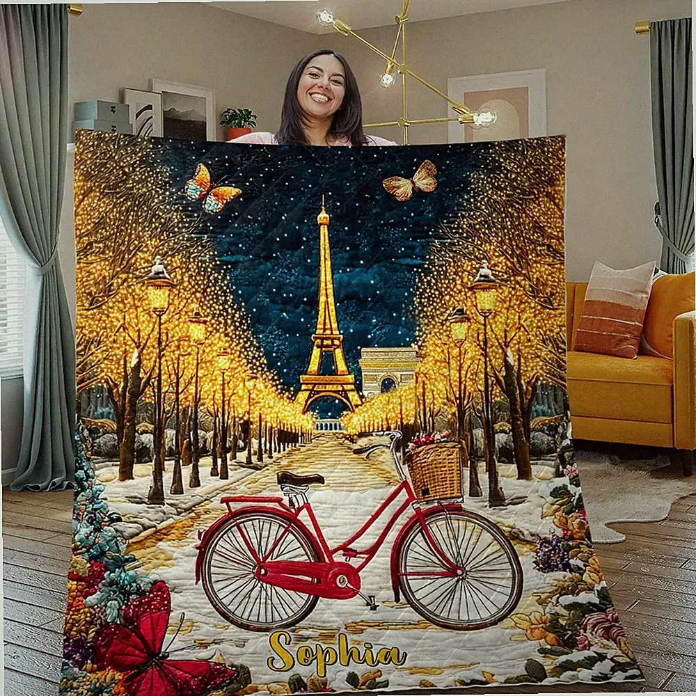 Personalized Paris Eiffel Tower Quilt Blanket Romantic Paris Scene Throw Decor