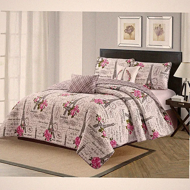 Pink Purple Paris Eiffel Tower Damask 5 pc Quilt Set Twin Full Queen King Bed