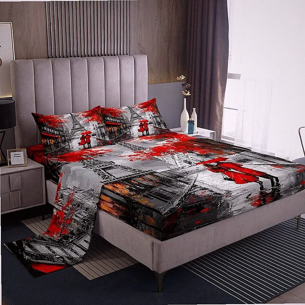 Red Paris Eiffel Tower Bed Sheets Queen Size, Paris Decor For Bedroom, French...