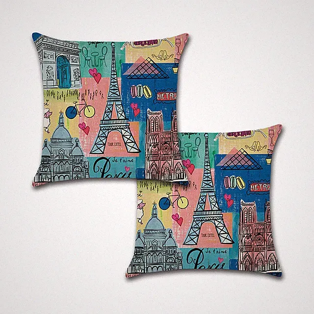 Set of 2 Pillow Covers 18x18, Paris Eiffel Tower Design Linen Fabric 45x45cm