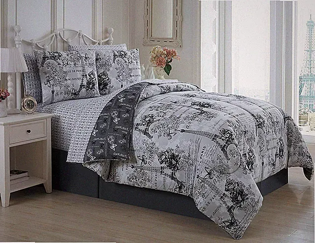 Twin Full Queen King Bed Gray Floral Paris Eiffel Tower Amour 8 pc Comforter Set
