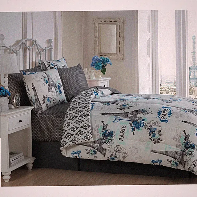Twin Queen King Bed Bag Gray Blue Paris Eiffel Tower Vintage 8 pc Comforter Set