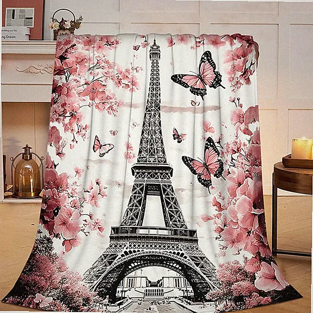 Uiamt Paris Eiffel Tower Blanket Romantic Cherry Blossom Flannel Plush Throw