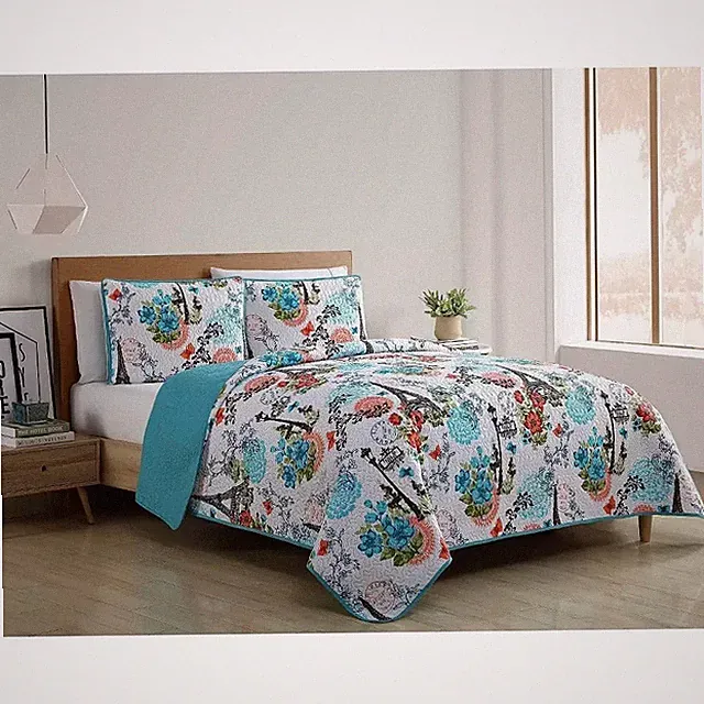 VCNY Home Eiffel Reversible Quilt Set - Blue 3 Piece Full - Queen Paris