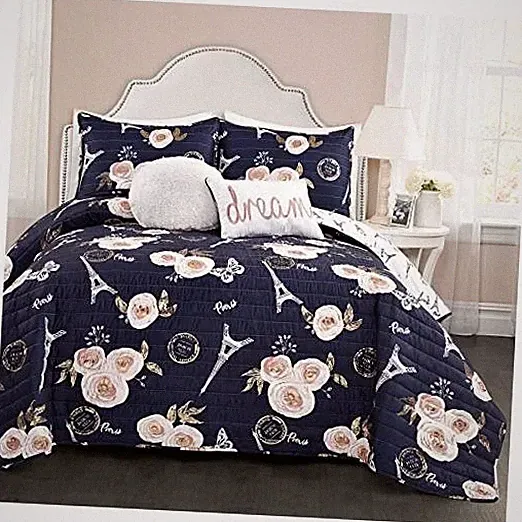Vintage Paris Rose Butterfly 4-Piece Quilt Bed Twin/Twin-XL Navy Quilt Set